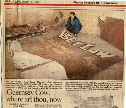 The Guernsey Cow sign in pieces in 1996
